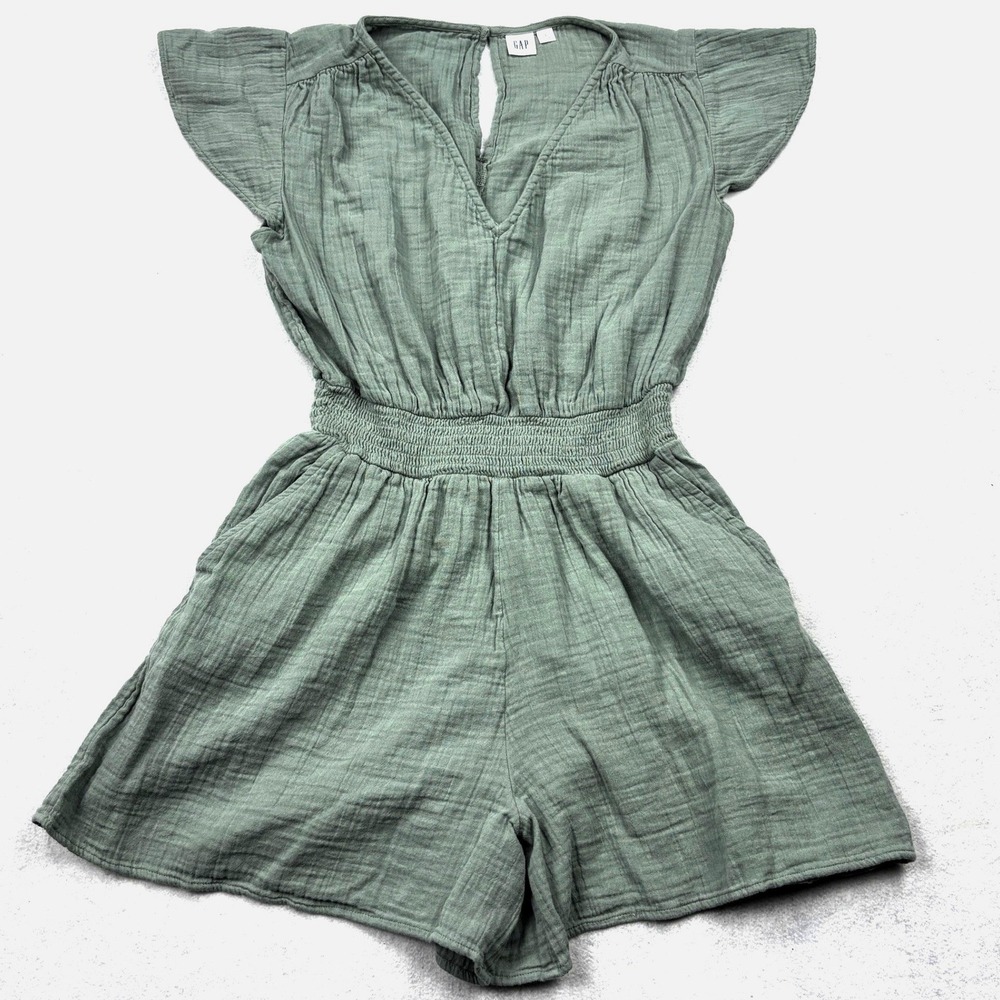 GAP Womens Small Sage Green Cotton Double Gauze Flutter Sleeve Romper 662296 S